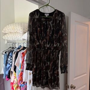 Evereve Brown Multi-Pattern Long Sleeve Tiered Dress